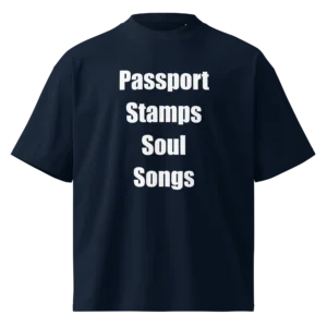 Passport Stamps Soul Songs T-Shirt | Organic High-Neck Oversize (White Ink)