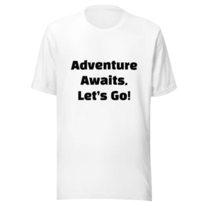 Adventure Awaits, Let’s Go! T-Shirt | Eco Staple Tee (Black Ink)