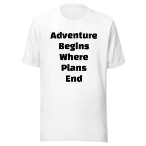 Adventure Begins Where Plans End T-Shirt | Eco Staple Tee (Black Ink)