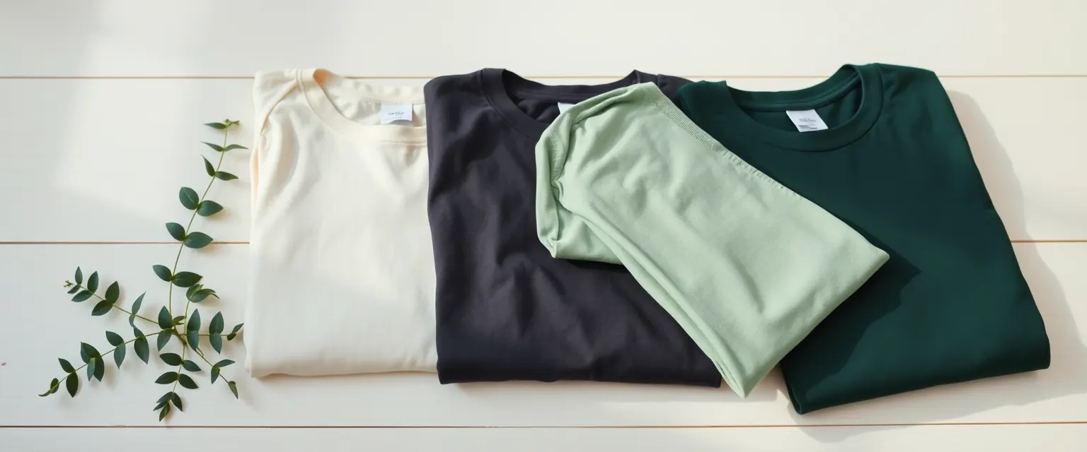 Folded t-shirts and a green plant on a pale wooden table